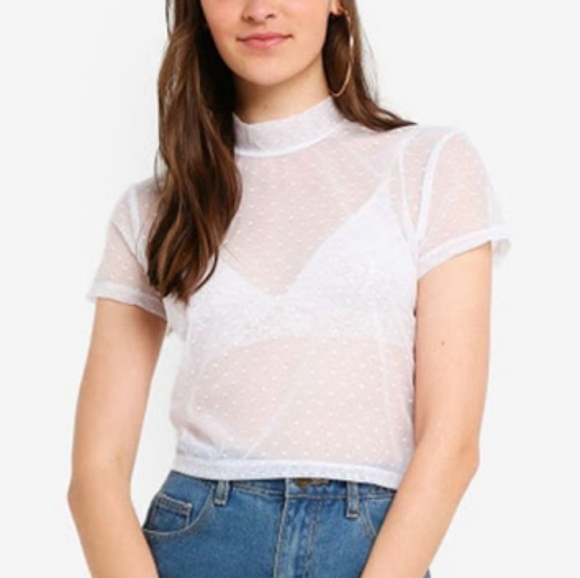 Cotton On Tops - COTTON ON White Mesh Polka Dot High Neck Crop Top
